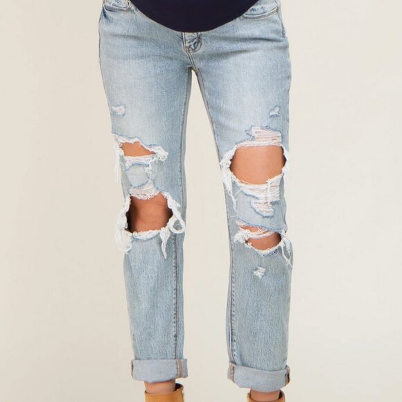 Light Blue Distressed Cuffed Maternity Jeans - Picture 1 of 3